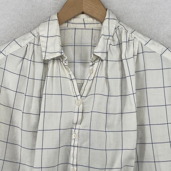 MADEWELL Top Womens XL Windowpane Button Front Tie Sleeve Cotton Off White - Picture 4 of 11
